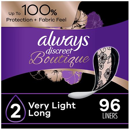 Always Discreet Boutique Incontinence Liners  Very Light Absorbency  Long Length  96 Ct