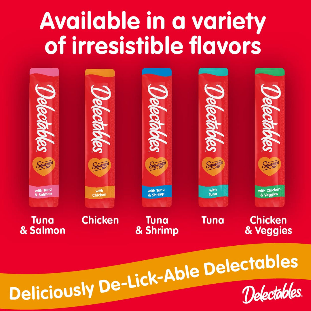 Delectables Squeeze Up Creamy Squeezable Puree, Lickable Wet Cat Treats, Grain Free, No Added Fillers, No By-Products, No Added Preservatives, 0.5 Ounces Tuna & Shrimp, 32 Tubes Total