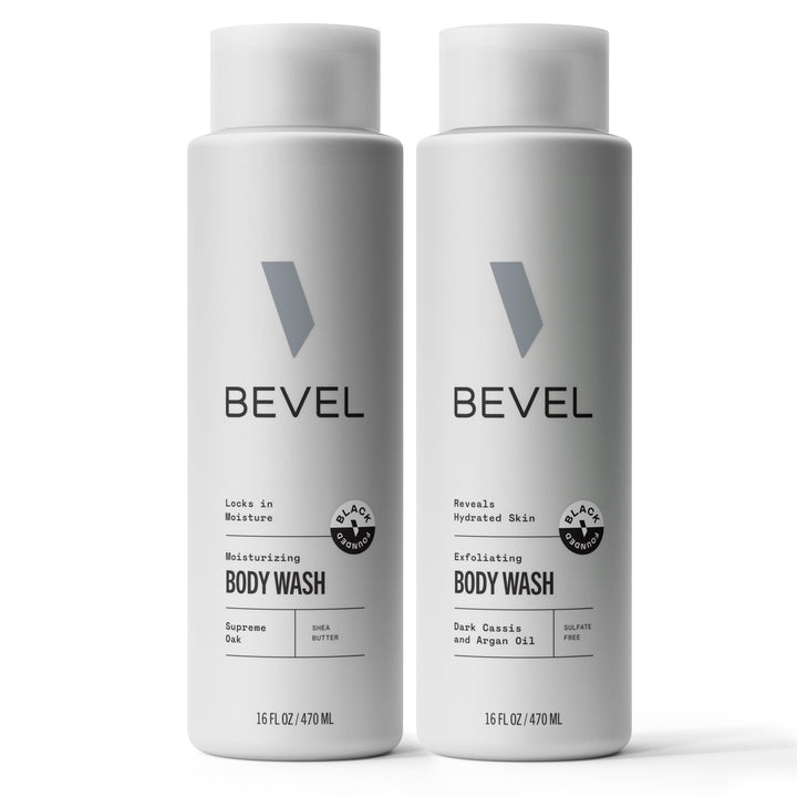 Bevel Exfoliating and Moisturizing Body Wash Bundle for Men - Dark Cassis & Supreme Oak Scent Bundle with Charcoal and Argan Oil, 16 Oz Pack of 2 (Packaging May Vary)