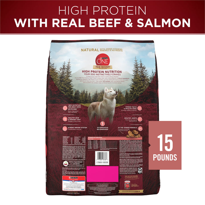 Purina ONE Natural High Protein Dry Dog Food Dry True Instinct with Real Beef and Salmon With Bone Broth and Added Vitamins, Minerals and Nutrients - 15 lb. Bag