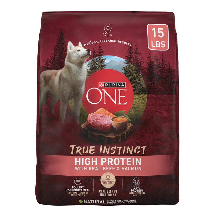 Purina ONE Natural High Protein Dry Dog Food Dry True Instinct with Real Beef and Salmon With Bone Broth and Added Vitamins, Minerals and Nutrients - 15 lb. Bag