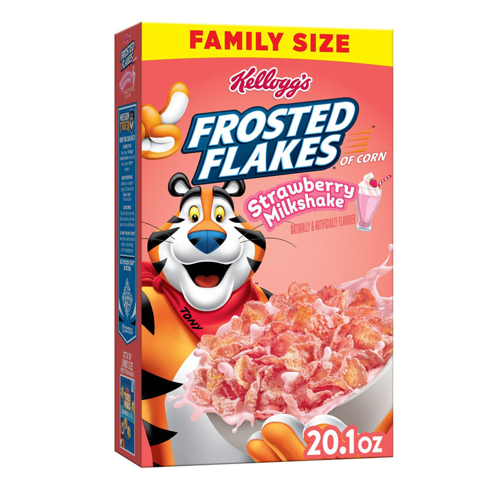 Kellogg's Frosted Flakes Breakfast Cereal, Kids Cereal, Family Breakfast, Family Size, Strawberry Milkshake, 20.1oz Box (1 Box)