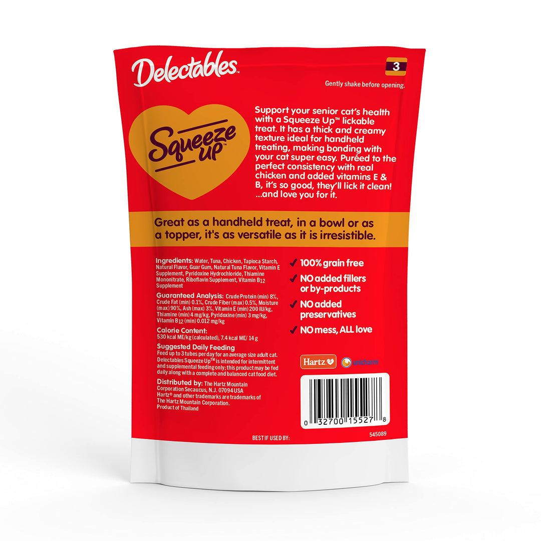 Delectables Squeeze Up Creamy Squeezable Puree, Lickable Wet Cat Treats, Grain Free, No Added Fillers, No By-Products, No Added Preservatives, 0.5 Ounces Tuna & Shrimp, 32 Tubes Total