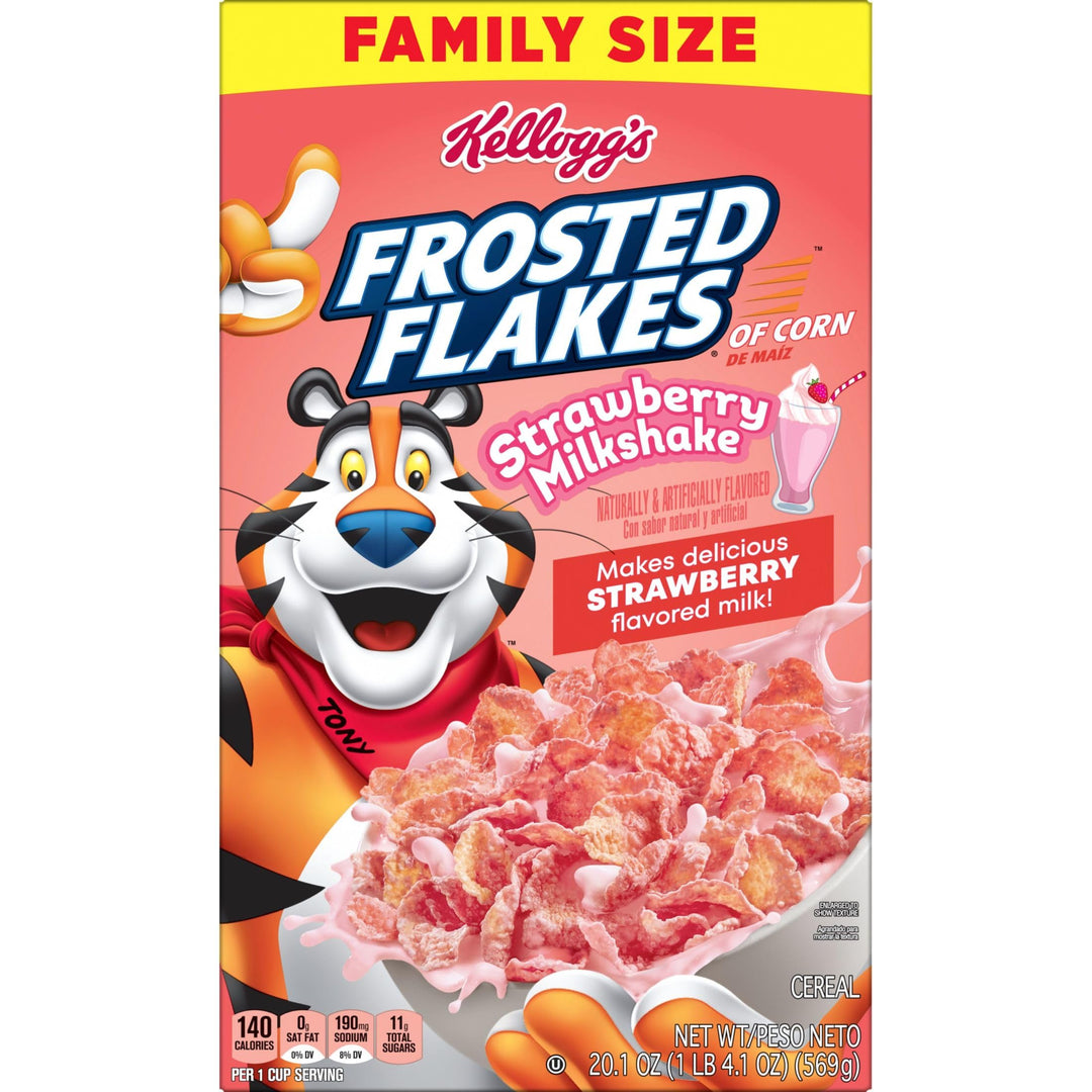 Kellogg's Frosted Flakes Breakfast Cereal, Kids Cereal, Family Breakfast, Family Size, Strawberry Milkshake, 20.1oz Box (1 Box)