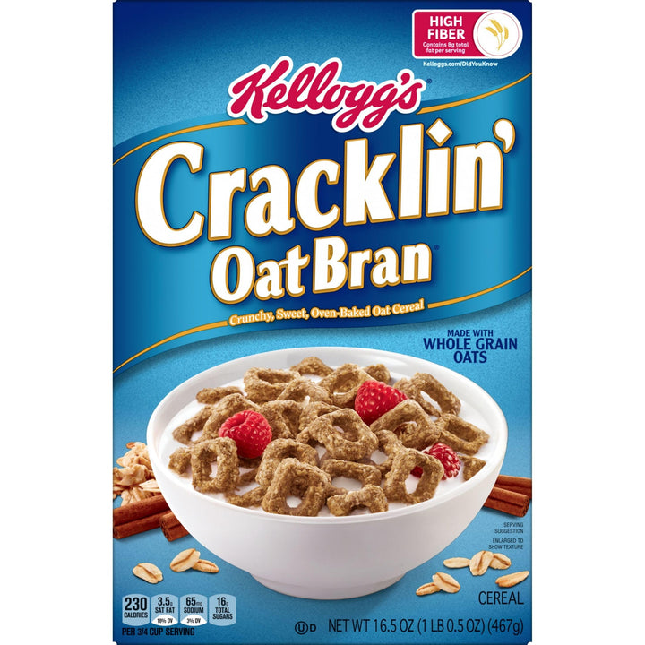 Kellogg's Cracklin' Oat Bran Breakfast Cereal, Fiber Cereal, Family Cereal, Original, 16.5oz Box (1 Box)